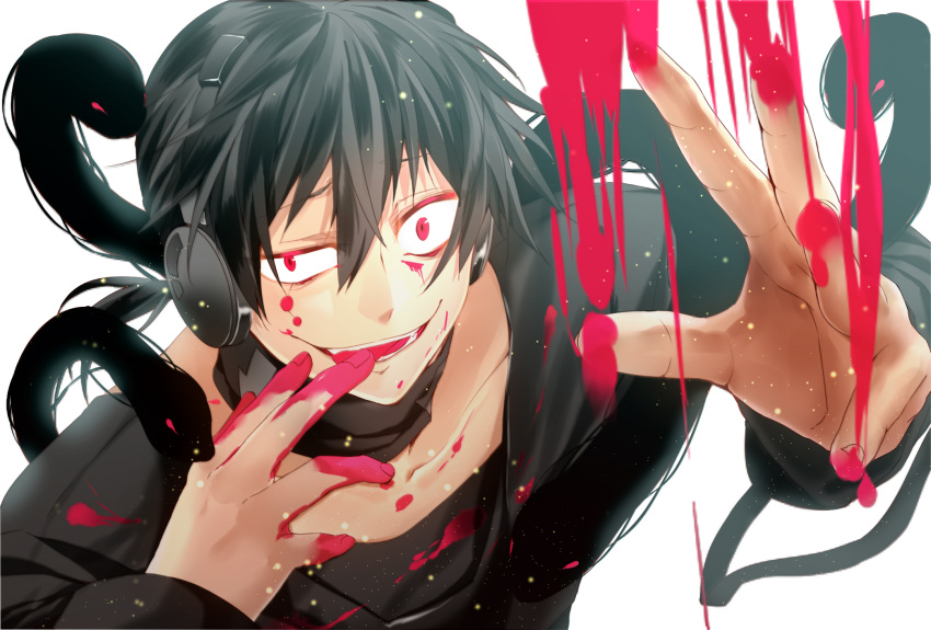 1boy, azuma_(1009ace), black_hair, blood, fangs, headphones, highres, kagerou_project, konoha_(kagerou_project), outer_science_(vocaloid), red_eyes, short_hair, short_ponytail, snake, solo, white_background