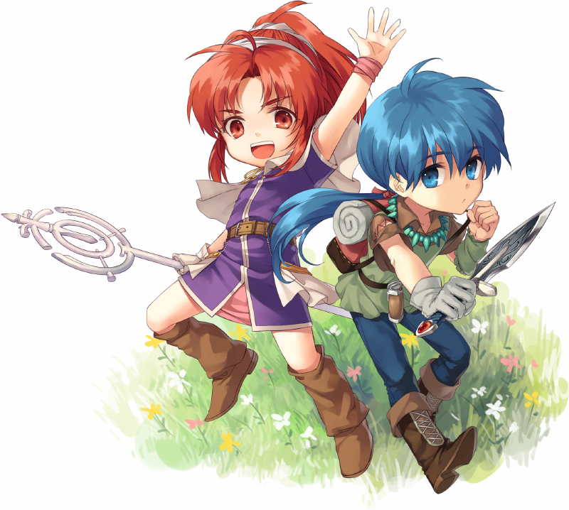 1boy, 1girl, arm_up, blue_eyes, blue_hair, boots, capelet, chris_(eiyuu_densetsu)
