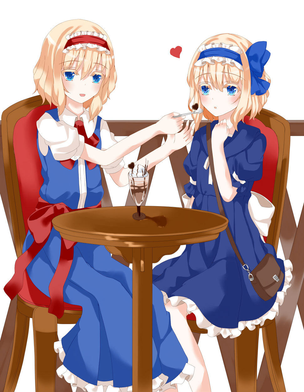 2girls, alice_margatroid, alice_margatroid_(pc-98), alternate_costume, blonde_hair, blue_eyes, chair, chocolate