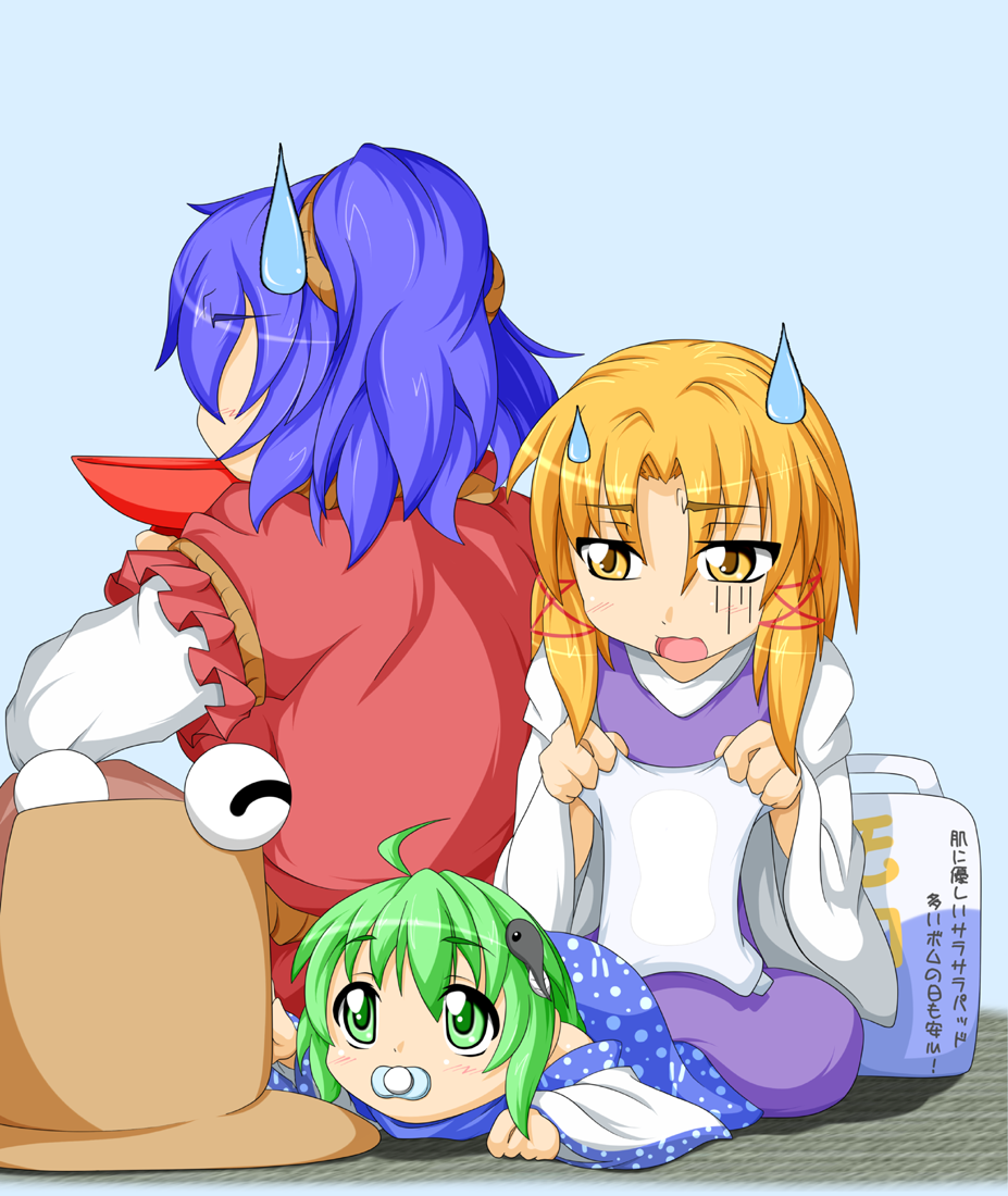 3girls, ahoge, averted_eyes, baby, blonde_hair, blouse, blue_background, blue_hair