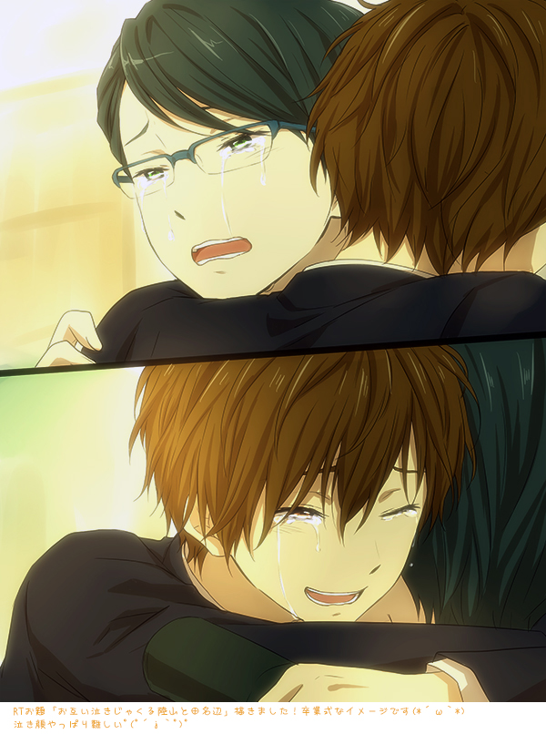 2boys, black_hair, brown_eyes, brown_hair, crying, glasses, green_eyes, hug