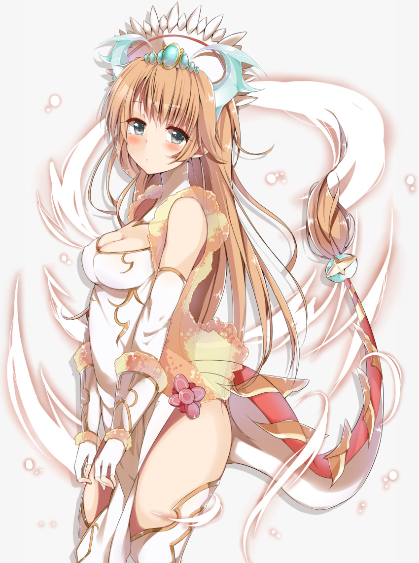 1girl, blonde_hair, blush, dragon_tail, fingerless_gloves, gloves, grey_eyes, headdress, highres, kayano, magic, puzzle_&amp;_dragons, sakuya_(p&amp;d), sleeveless, solo, tail, thighhighs
