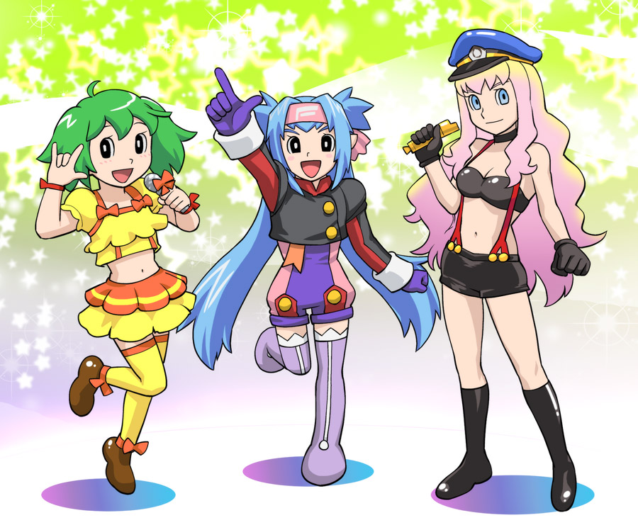 70s, \m/, blue_hair, doraemon, fujiko_f_fujio_(style), gloves, green_hair, hat
