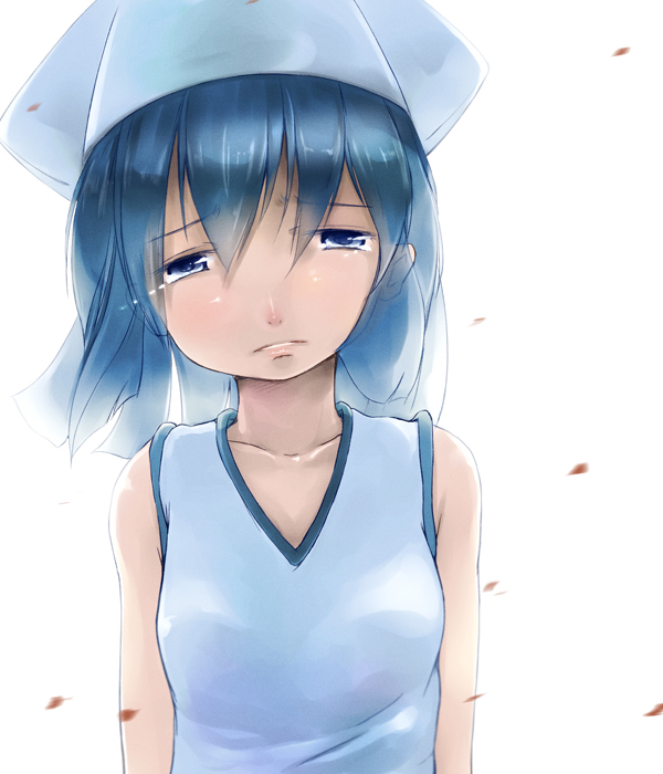 1girl, blue_eyes, blue_hair, dress, earphones, hat, heiya, ikamusume