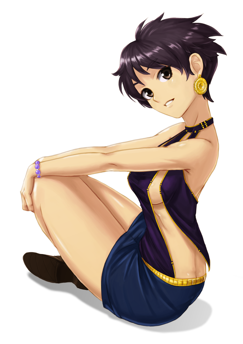 1girl, bare_shoulders, black_hair, brown_eyes, earrings, jewelry, legs, original, short_hair, simple_background, sitting, skirt, smile, solo, sumi_(mia5210), white_background