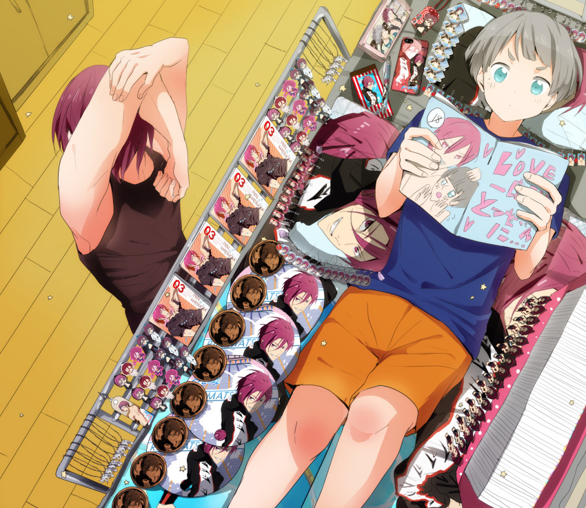 2boys, blue_eyes, bunk_bed, fourth_wall, free!, from_above, grey_hair, highres, male, matsuoka_rin, mole, multiple_boys, narita_ex, nitori_aaichirou, redhead, short_hair