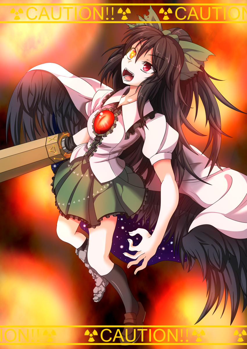 1girl, absurdres, arm_cannon, black_hair, black_wings, cape, hair_ribbon, highres