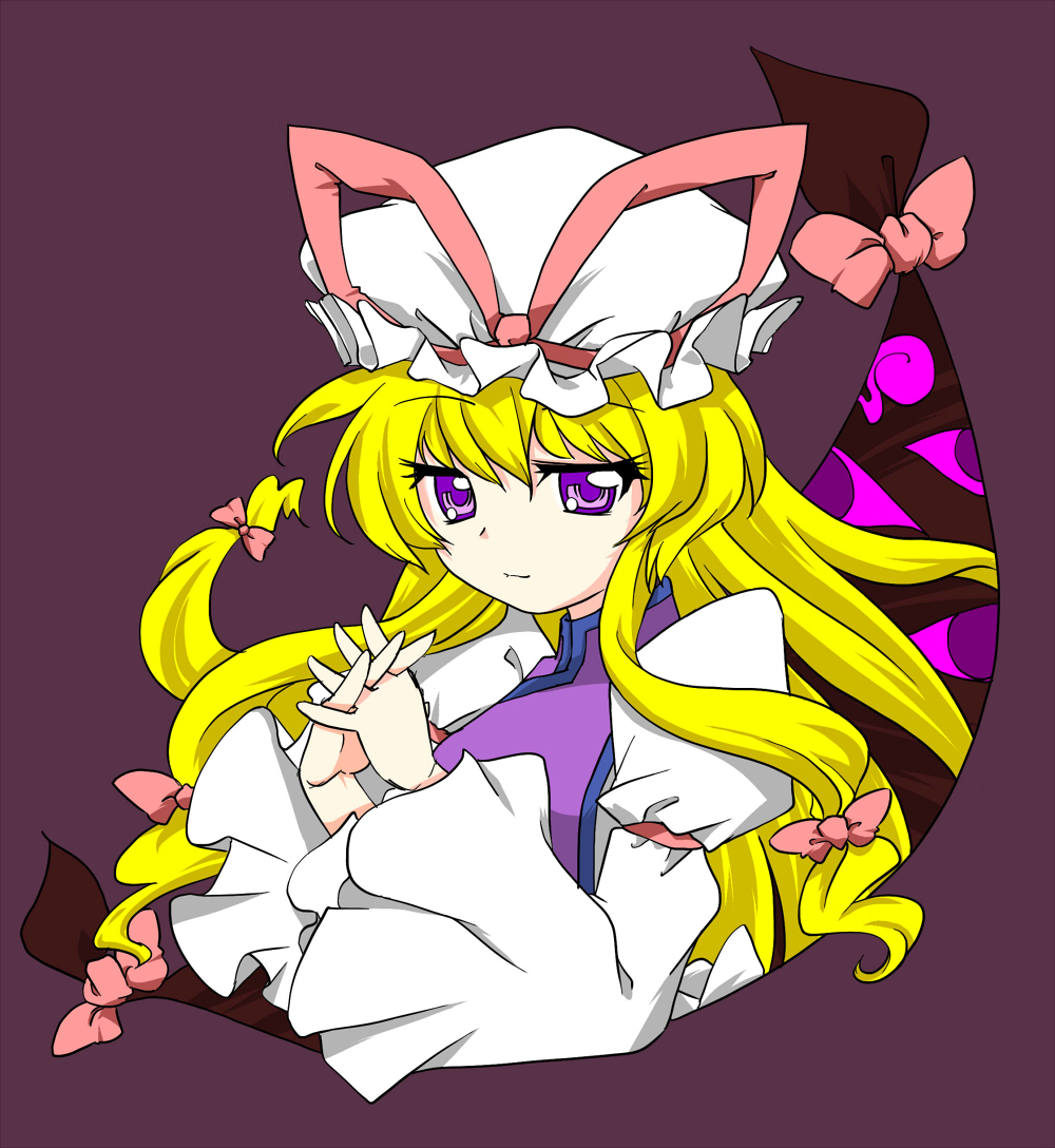 1girl, blonde_hair, eyes, gap, hair_ribbon, hands_clasped, hat, kanoe