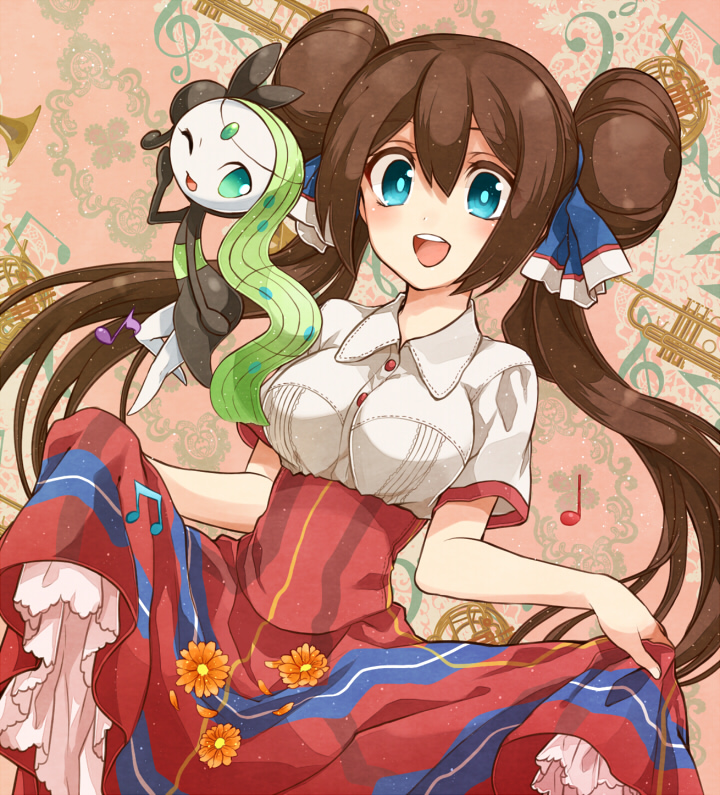 1girl, alternate_costume, aqua_eyes, blouse, brown_hair, double_bun, dress, dress_lift, flower, hair_ribbon, instrument, irouha, long_hair, mei_(pokemon), meloetta, musical_note, open_mouth, pokemon, pokemon_(creature), pokemon_(game), pokemon_bw2, pokewood, ribbon, twintails