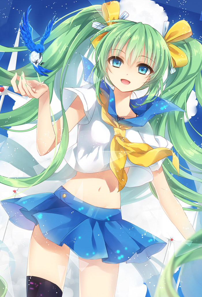 1girl, aqua_eyes, bird, ceru, green_hair, hair_ribbon, hatsune_miku, long_hair