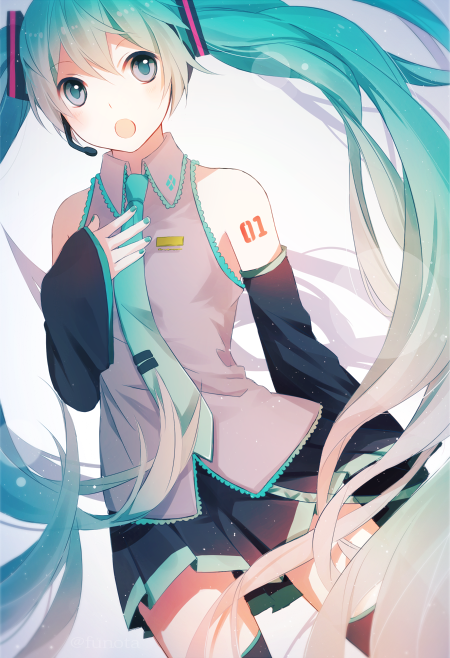 1girl, aqua_eyes, aqua_hair, detached_sleeves, funota, hand_on_own_chest, hatsune_miku, headset, long_hair, nail_polish, necktie, open_mouth, skirt, solo, thighhighs, twintails, very_long_hair, vocaloid