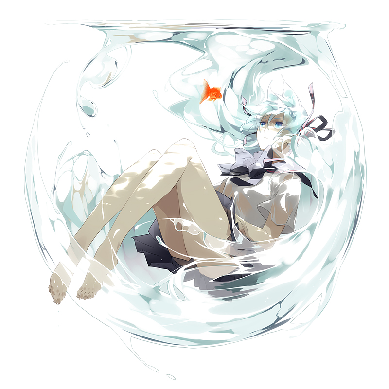 1girl, aqua_hair, barefoot, blue_eyes, bottle_miku, fish, hair_ribbon, hatsune_miku
