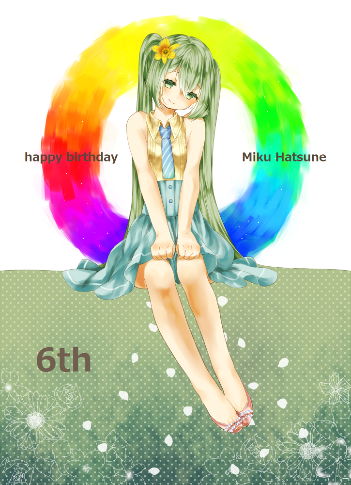 1girl, flower, green_eyes, green_hair, hair_flower, hair_ornament, happy_birthday, hatsune_miku