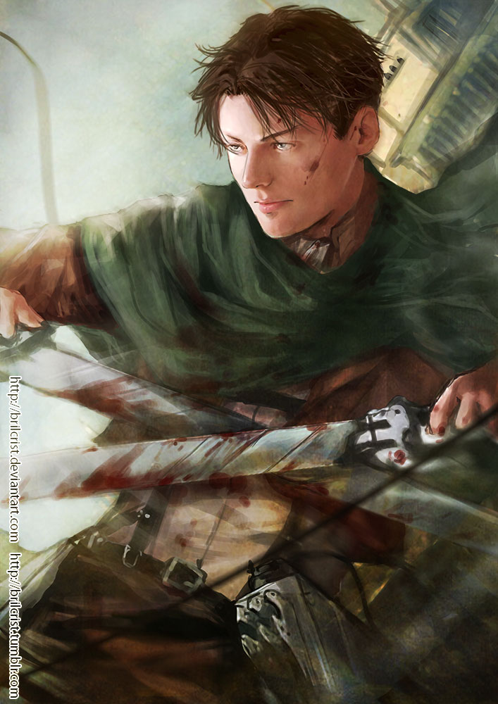 1boy, brilcrist, brown_hair, dual_wielding, grey_eyes, levi_(shingeki_no_kyojin), looking_away, male