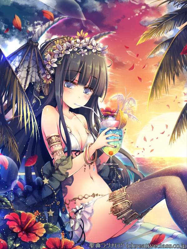 1girl, armlet, bikini, black_hair, black_legwear, blush, bracelet, breasts, cleavage, cup, drinking_straw, flower, head_wings, head_wreath, jewelry, long_hair, navel, petals, seiten_ragnarok, sitting, small_breasts, solo, sunset, swimsuit, thighhighs, white_bikini, white_swimsuit, yamadori_yoshitomo