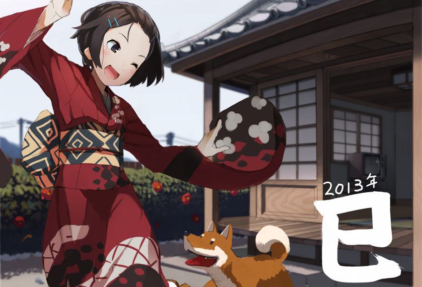 1girl, blush, brown_eyes, brown_hair, dog, hair_ornament, hairclip, house, japanese_clothes, kimono, open_mouth, original, short_hair, smile, sputnik_(artist), television