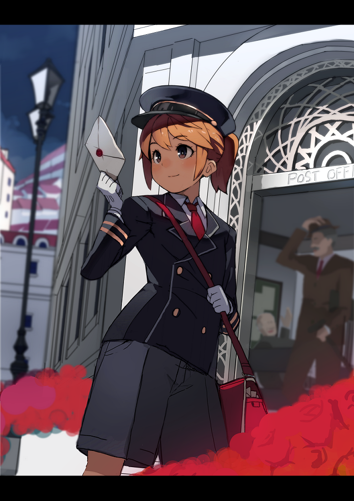 1girl, bag, blonde_hair, gloves, hat, lamppost, letter, necktie