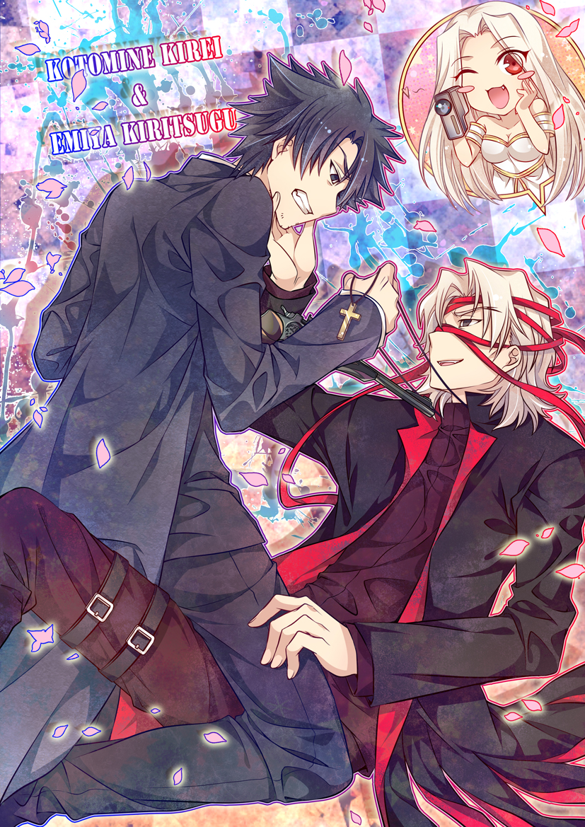 1girl, 2boys, black_hair, blush_stickers, camera, chibi_inset, cross, cross_necklace