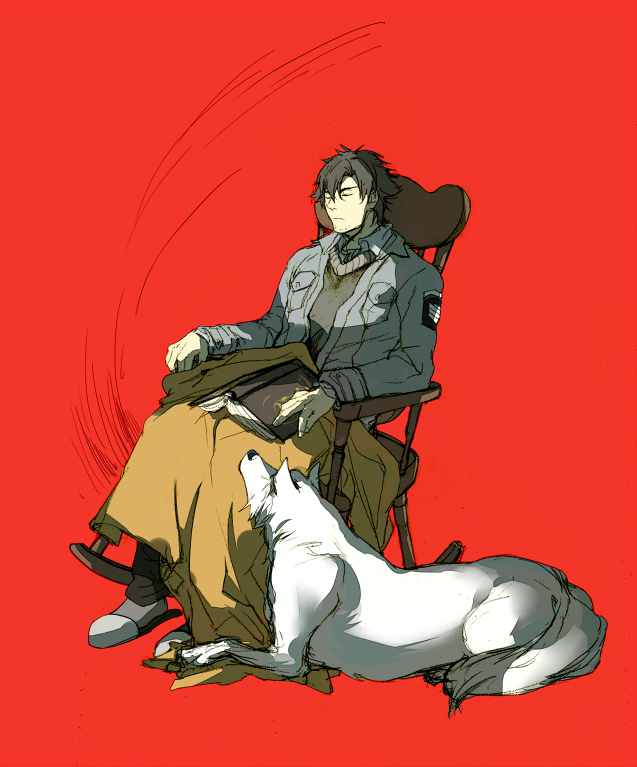 1boy, black_hair, casual, chair, crimo, emiya_kiritsugu, facial_hair, fate/zero