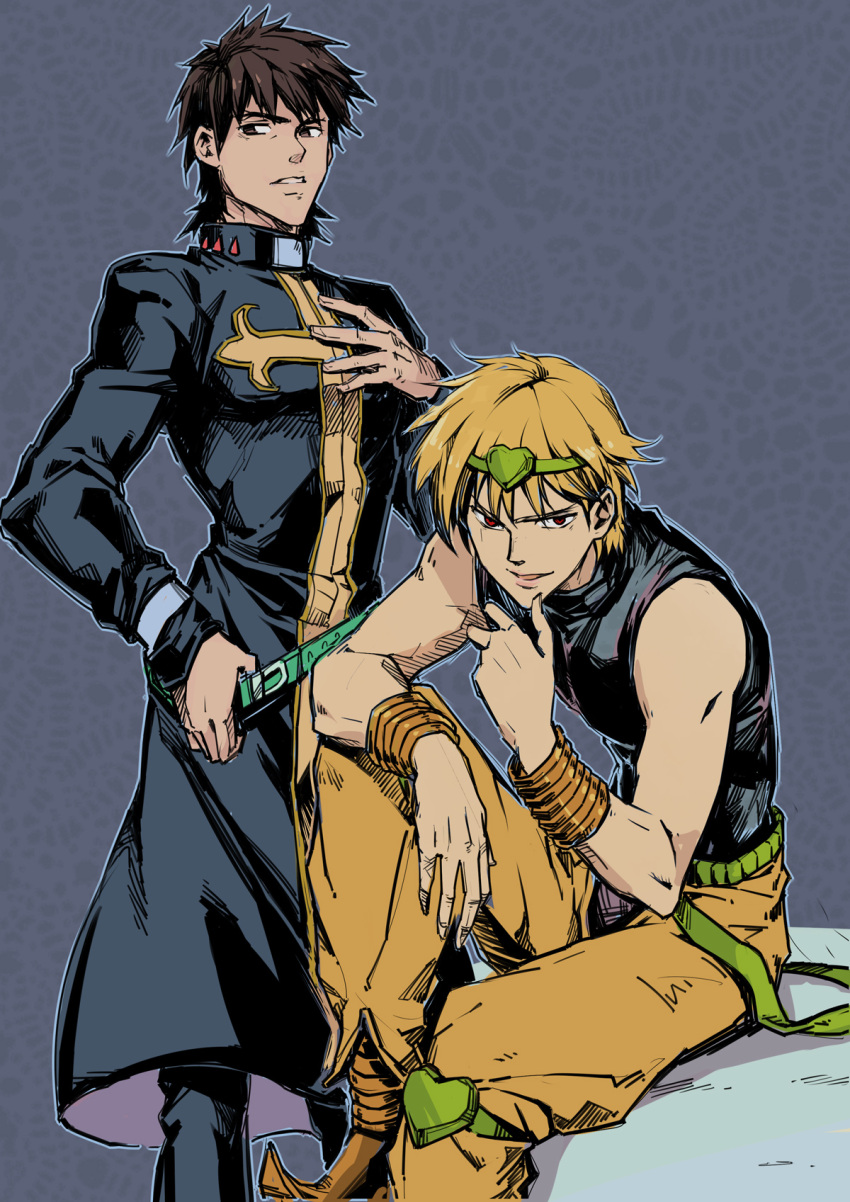 2boys, blonde_hair, bracelet, brown_hair, cosplay, dio_brando, dio_brando_(cosplay), enrico_pucci, enrico_pucci_(cosplay), fate/zero, fate_(series), gilgamesh, headband, highres, jewelry, jojo_no_kimyou_na_bouken, kotomine_kirei, linjie, multiple_boys, parody