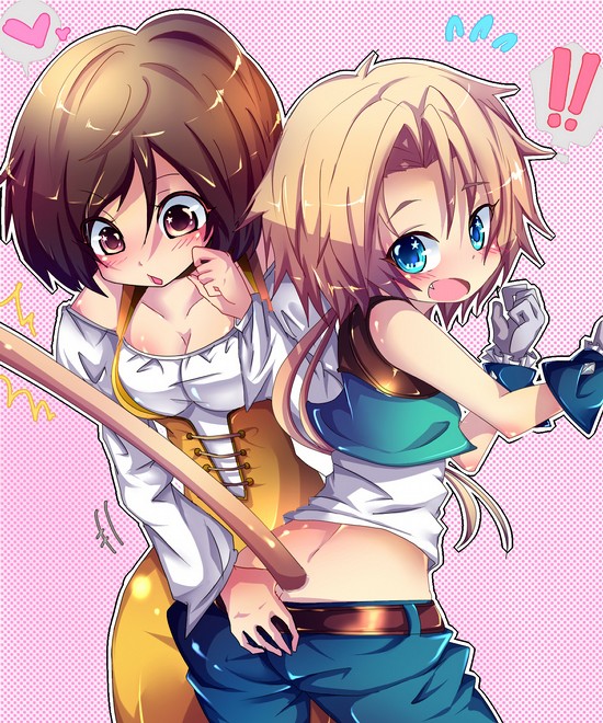 blonde_hair, blue_eyes, blush, brown_eyes, brown_hair, catsuit, final_fantasy, final_fantasy_ix