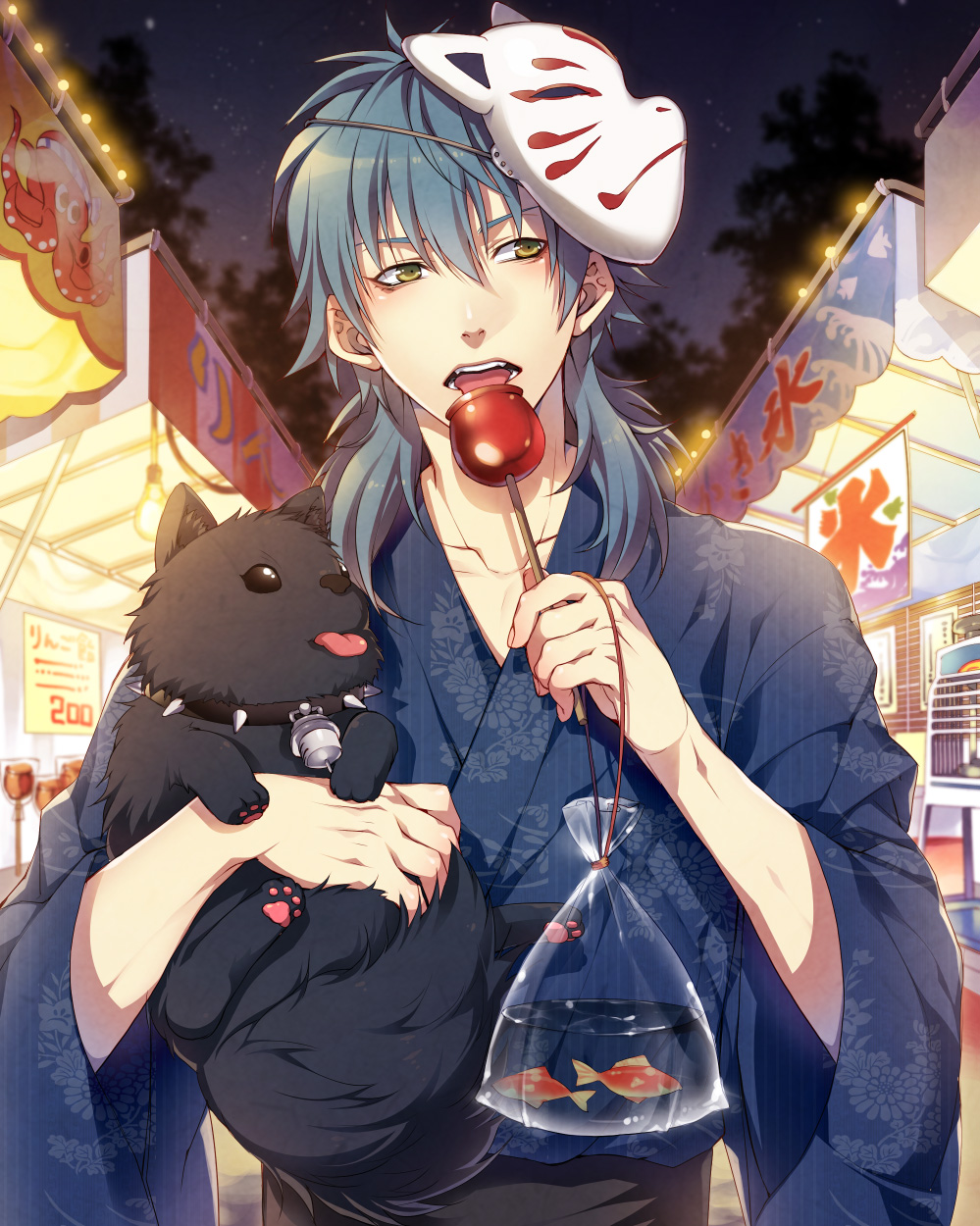 1boy, bag, bagged_fish, blue_hair, candy_apple, dog, dramatical_murder, fish