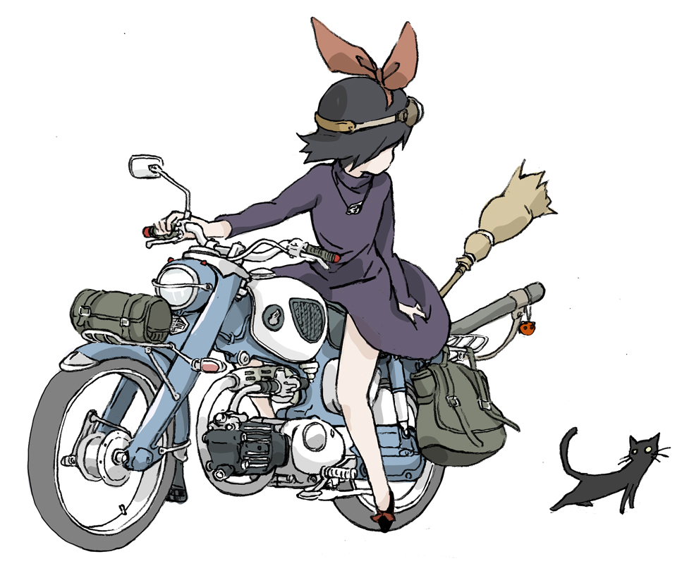 1girl, aoi_zero, bag, black_cat, black_hair, bow, broom, cat