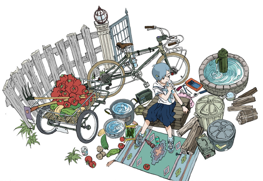 1girl, ankle_socks, aoi_zero, bicycle, blue_hair, box, bucket, drinking