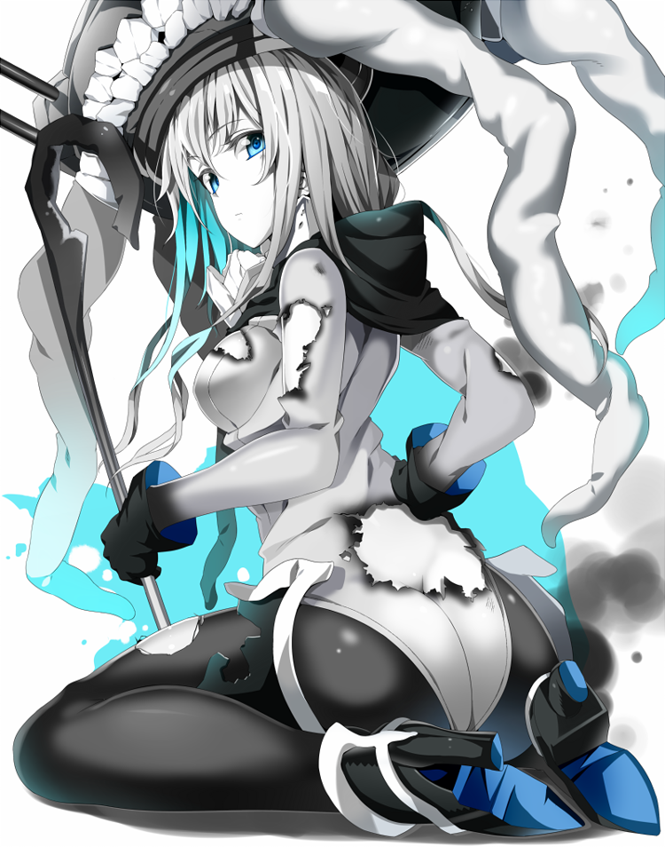 1girl, black_gloves, blue_eyes, bodysuit, burnt_clothes, gloves, grey_hair, kantai_collection