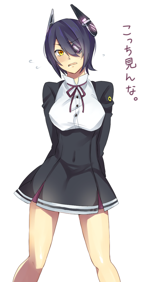 1girl, arms_behind_back, blush, chako_(tmtm515), cosplay, eyepatch, headgear, kantai_collection, looking_at_viewer, open_mouth, personification, purple_hair, short_hair, solo, sweatdrop, tatsuta_(kantai_collection), tatsuta_(kantai_collection)_(cosplay), tenryuu_(kantai_collection), yellow_eyes