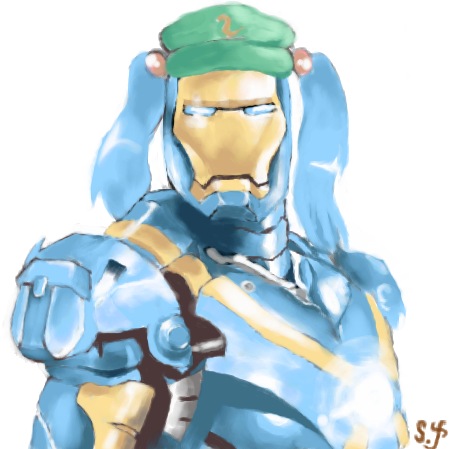 1girl, crossover, iron_man, kawashiro_nitori, lowres, marvel, oekaki, parody, shift_(0808), solo, touhou, twintails