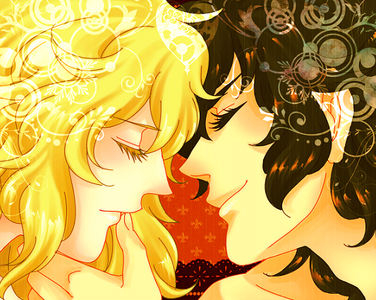1boy, 1girl, andre_grandier, black_hair, blonde_hair, closed_eyes, colored_eyelashes, couple