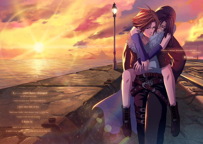 1boy, 1girl, balamb_garden, belt, bird, boots, bridge, carrying, clouds, diamond_dust, english, final_fantasy, final_fantasy_viii, fur_trim, jacket, lace, ocean, rinoa_heartilly, scar, ship, sky, squall_leonhart, sunset, walking, water