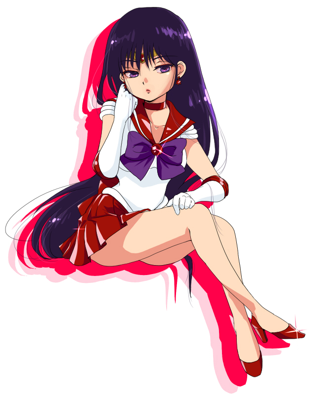 1girl, adjusting_hair, bare_legs, bishoujo_senshi_sailor_moon, black_hair, bowtie, choker, elbow_gloves, full_body, gloves, hino_rei, long_hair, purple_hair, red_shoes, sailor_collar, sailor_mars, shoes, sitting, skirt, solo, sparkle, suika_(swimy0pe0u_u0s), violet_eyes, white_background, white_gloves