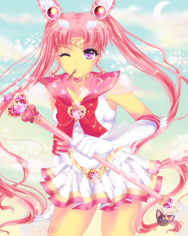 1girl, bishoujo_senshi_sailor_moon, bowtie, chibi_usa, crescent_moon, double_bun, eyeshadow, food, gem, hair_ornament, hairclip, heart, long_hair, luna-p, magical_girl, makeup, miniskirt, moon, mouth_hold, pleated_skirt, sailor_chibi_moon, sailor_collar, shinaishadow, signature, skirt, staff, super_sailor_chibi_moon, teenage, tiara, twintails, wink