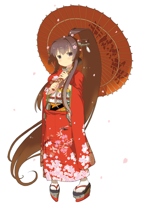 1girl, absurdly_long_hair, brown_eyes, brown_hair, cherry_blossoms, hair_ornament, japanese_clothes, kantai_collection, kimono, long_hair, long_sleeves, looking_at_viewer, obi, ooide_chousuke, oriental_umbrella, personification, petals, ponytail, simple_background, smile, solo, tabi, umbrella, very_long_hair, white_background, white_legwear, wide_sleeves, yamato_(kantai_collection)