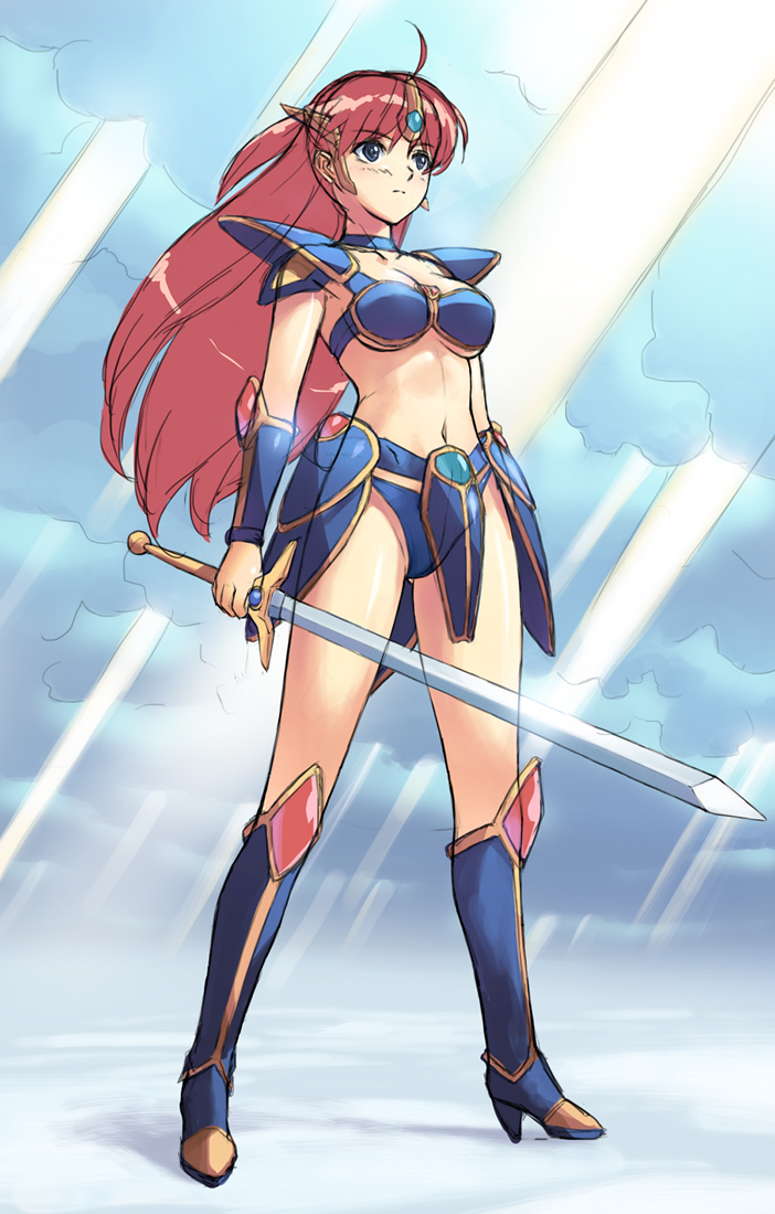 1girl, armor, bikini_armor, blue_eyes, boots, choker, knee_boots, lena_brand, long_hair, mugen_senshi_valis, pauldrons, redhead, see-through, serious, sketch, sky, solo, sword, tiara, uchiu_kazuma, weapon