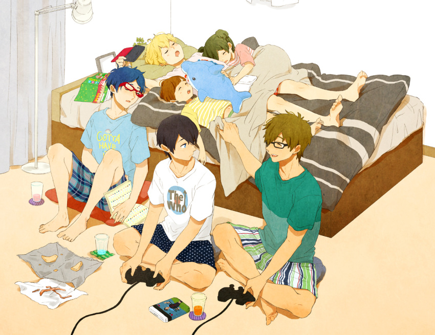 1girl, 5boys, black_hair, blonde_hair, blue_eyes, blue_hair, boxers, brown_hair