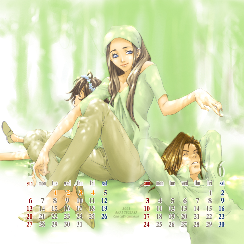 2001, 2girls, arms_behind_head, bandana, blue_eyes, brown_hair, calendar, closed_eyes
