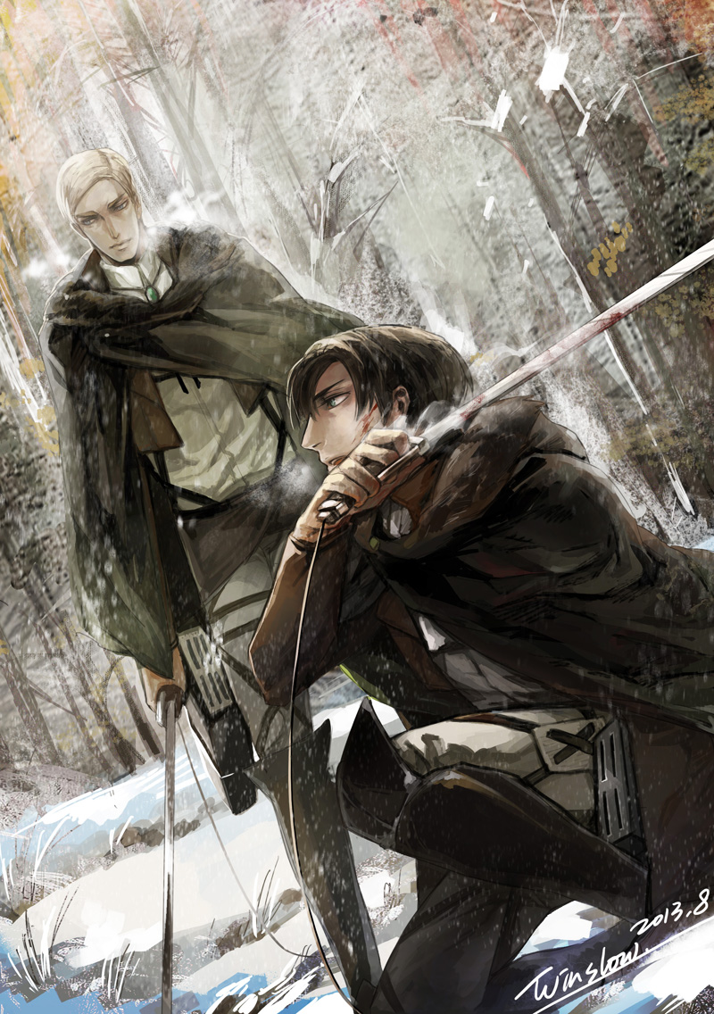 2boys, black_hair, blonde_hair, boots, breath, darkwinslow, erwin_smith, forest