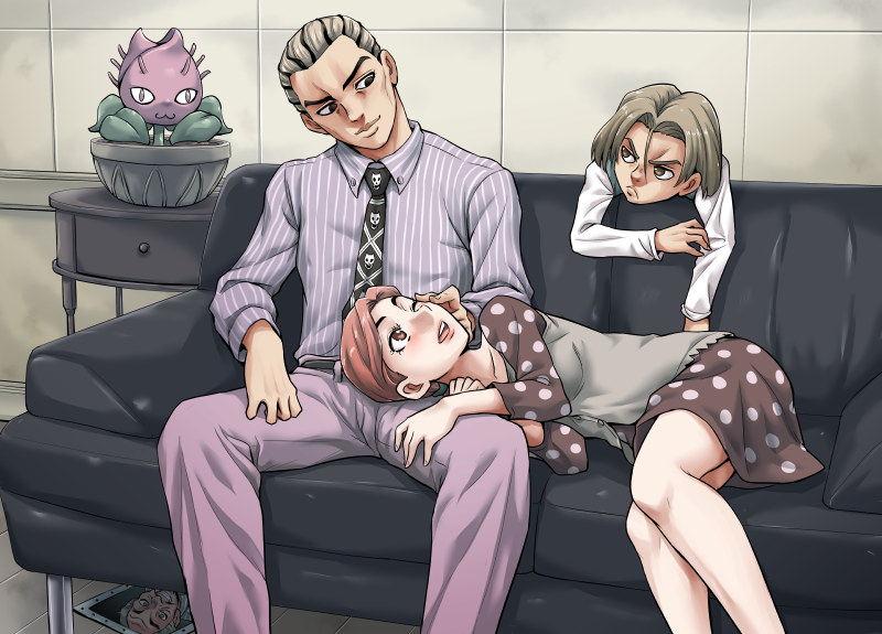 1girl, 2boys, black_hair, brown_hair, couch, family, gachon_jirou, jojo_no_kimyou_na_bouken