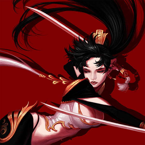 1girl, bangs, black_hair, breasts, cleavage, cleavage_cutout, crop_top, dual_wielding