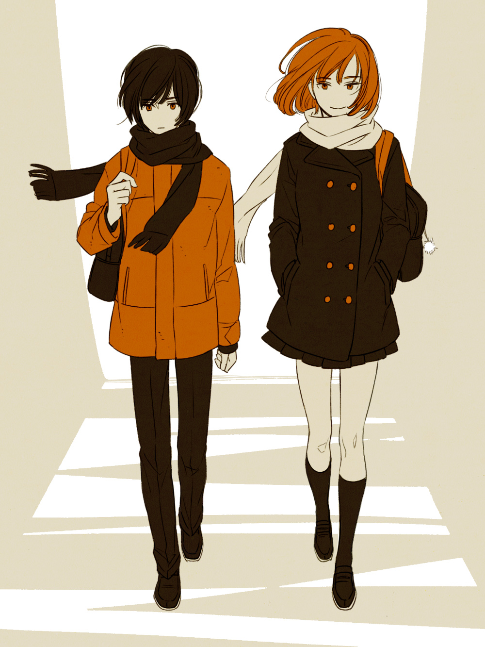 aku_no_hana, bag, highres, jacket, kasuga_takao, scarf, tokiwa_aya_(aku_no_hana), walking