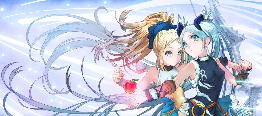 2girls, apple, arrow, blonde_hair, blue_eyes, blue_hair, bow, bow_(weapon)