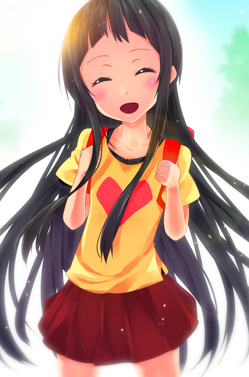 1girl, 2mota, backpack, bag, black_hair, casual, closed_eyes, highres