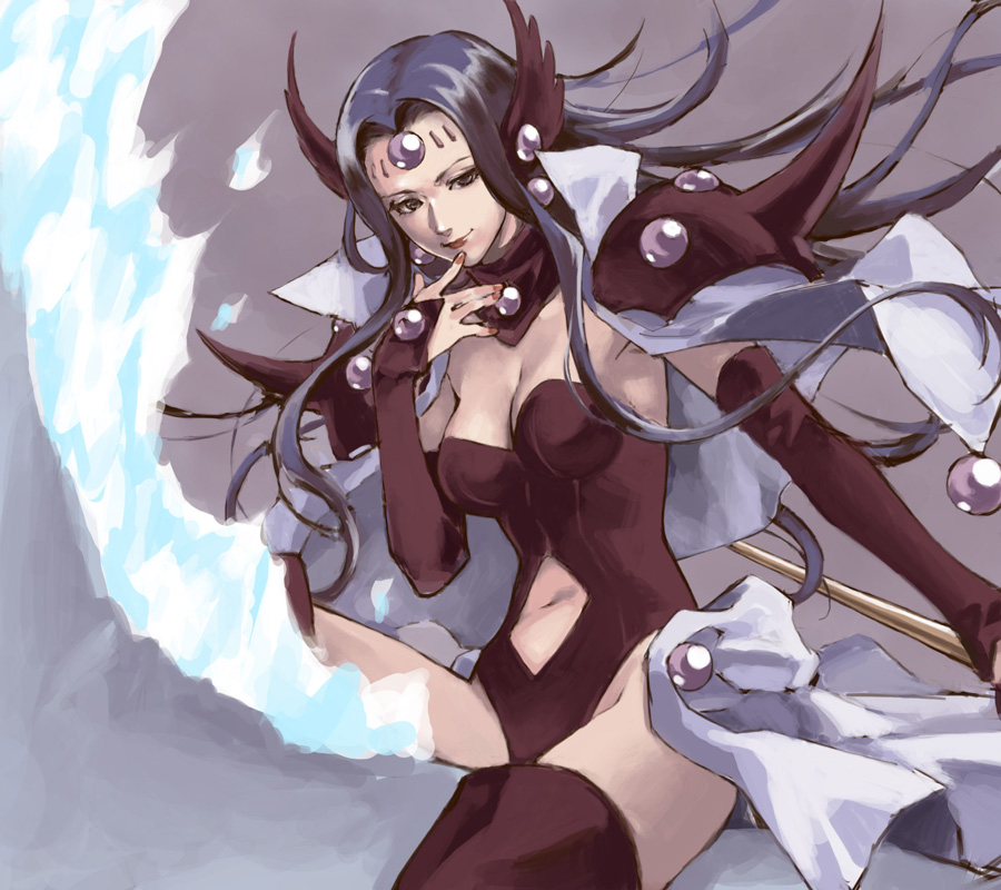 1girl, alcyone, black_eyes, black_hair, bridal_gauntlets, cape, detached_collar, leotard