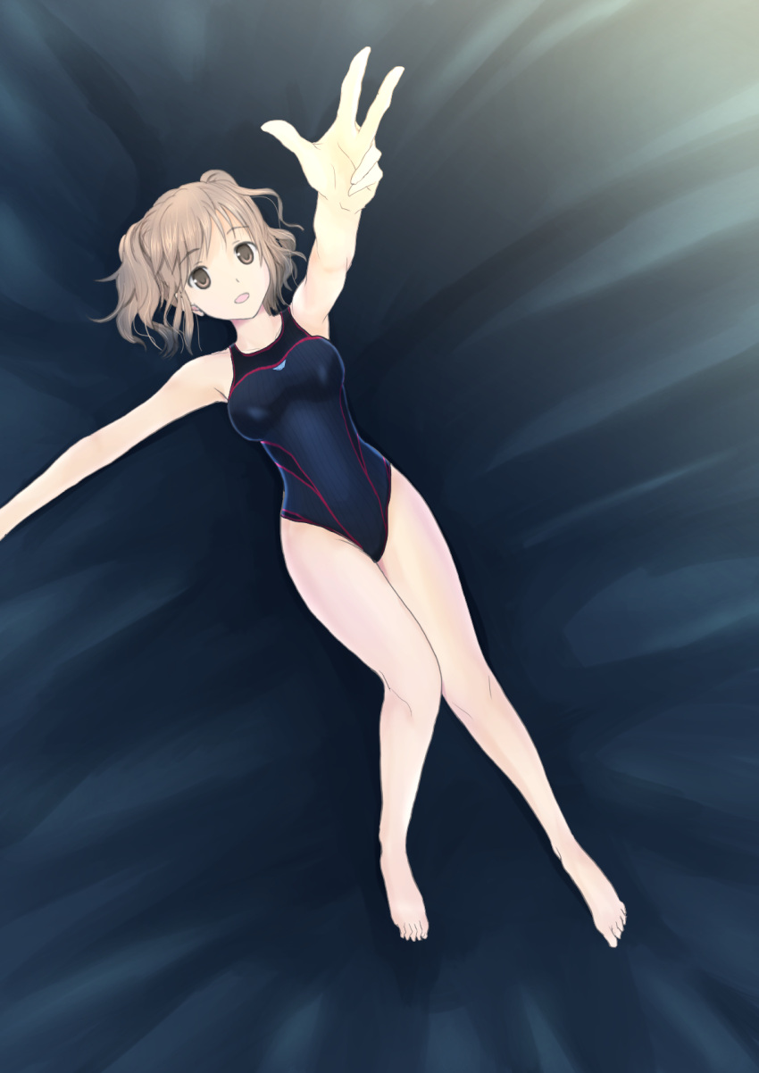 brown_eyes, brown_hair, competition_swimsuit, highres, lying, one-piece_swimsuit, reaching, shinkuoh