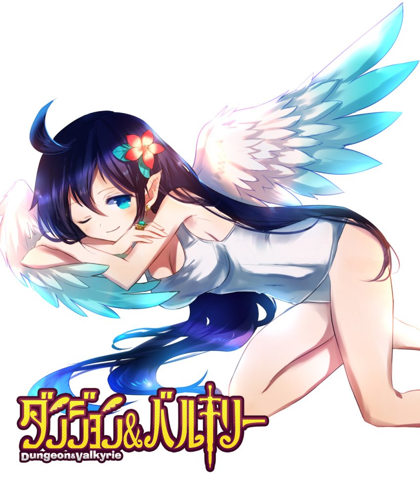 1girl, ahoge, alt_(apou), black_hair, blue_eyes, dungeon_&amp;_valkyrie, flower, hair_flower