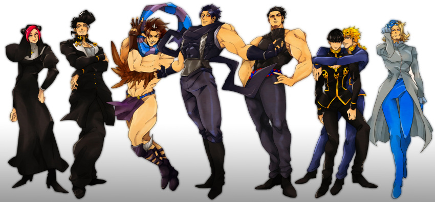 1girl, 6+boys, black_hair, blonde_hair, brown_hair, cars_(jojo), cars_(jojo)_(cosplay), cosplay