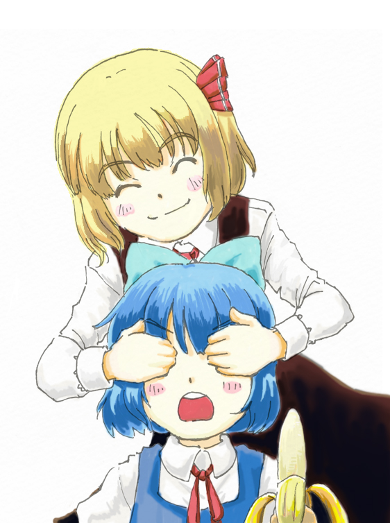 2girls, banana, blonde_hair, blue_hair, bow, cirno, closed_eyes, covering_eyes